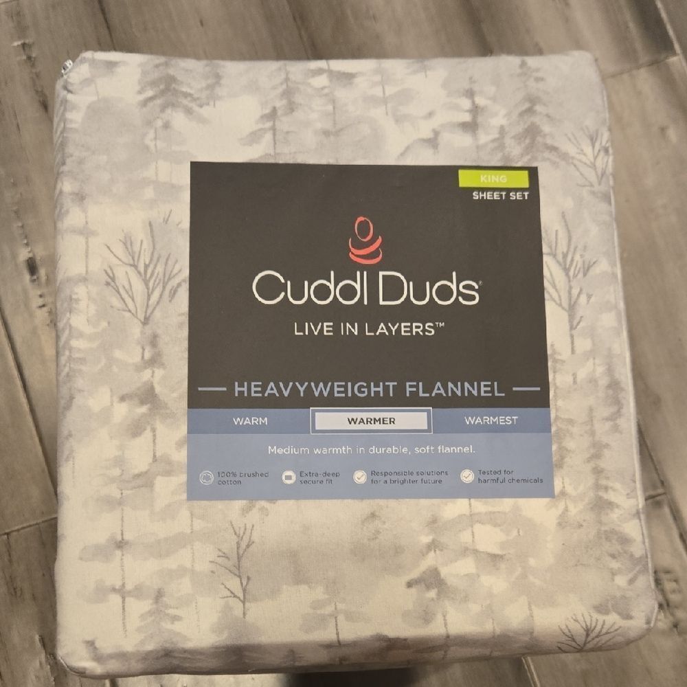 Cuddl Duds Heavyweight Flannel King Sheet Set - White and Gray